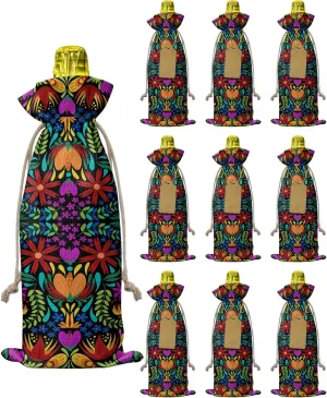 10 Pack Wine Bottle Bags, Colorful Spring Floral Wine Bottle Cover with Drawstring, Ethnic Mexican Vibrant Colored Gift Bag for Champagne, Wedding, Birthday, Party