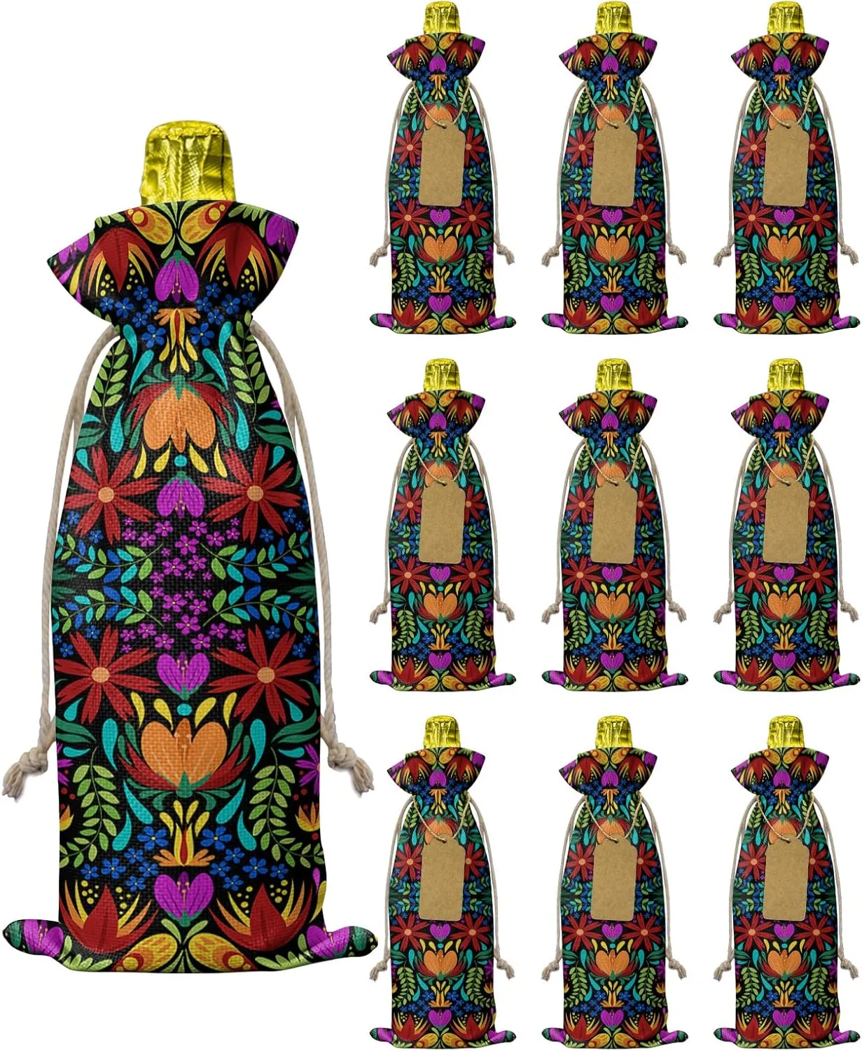 10 Pack Wine Bottle Bags, Colorful Spring Floral Wine Bottle Cover with Drawstring, Ethnic Mexican Vibrant Colored Gift Bag for Champagne, Wedding, Birthday, Party