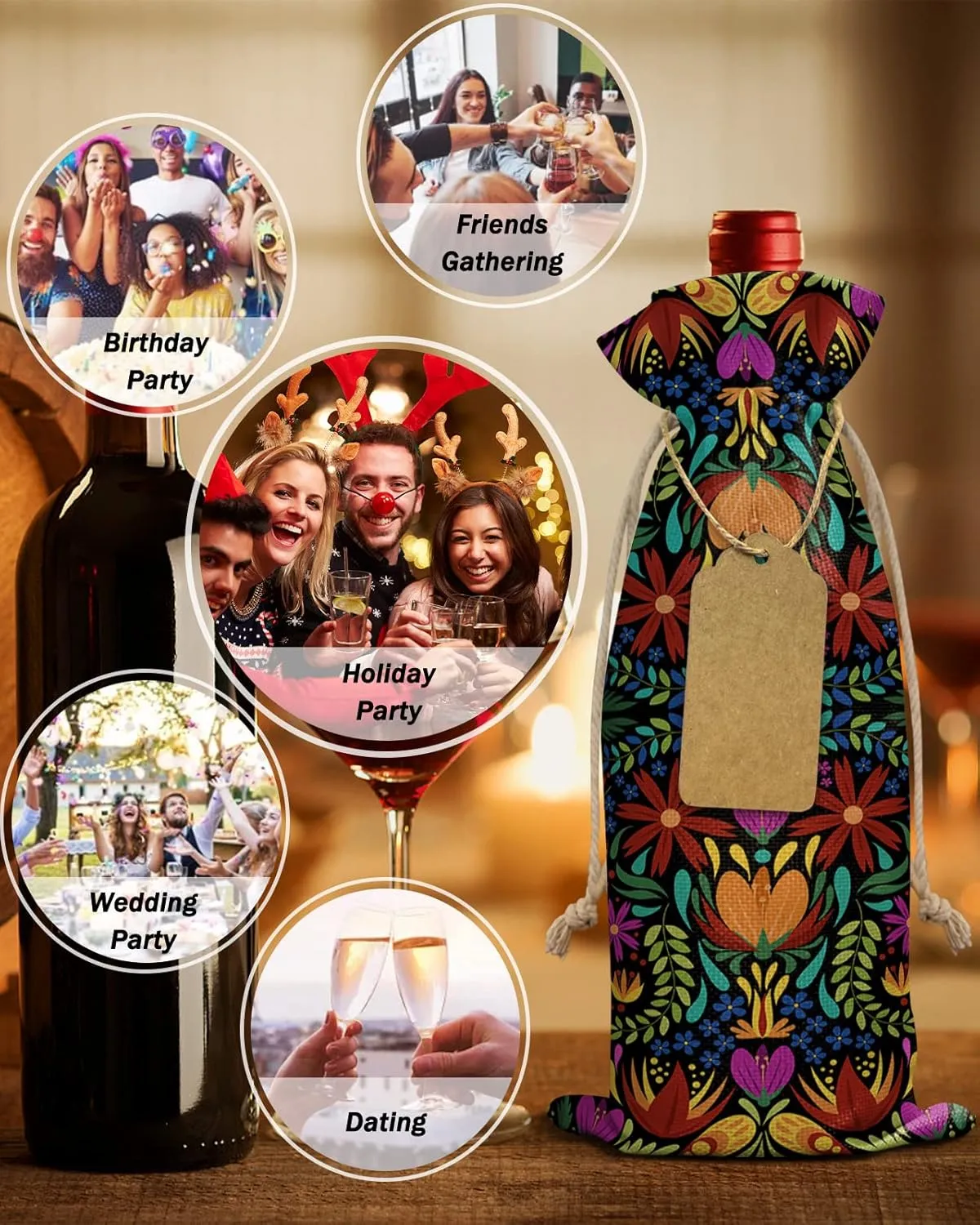 10 Pack Wine Bottle Bags, Colorful Spring Floral Wine Bottle Cover with Drawstring, Ethnic Mexican Vibrant Colored Gift Bag for Champagne, Wedding, Birthday, Party