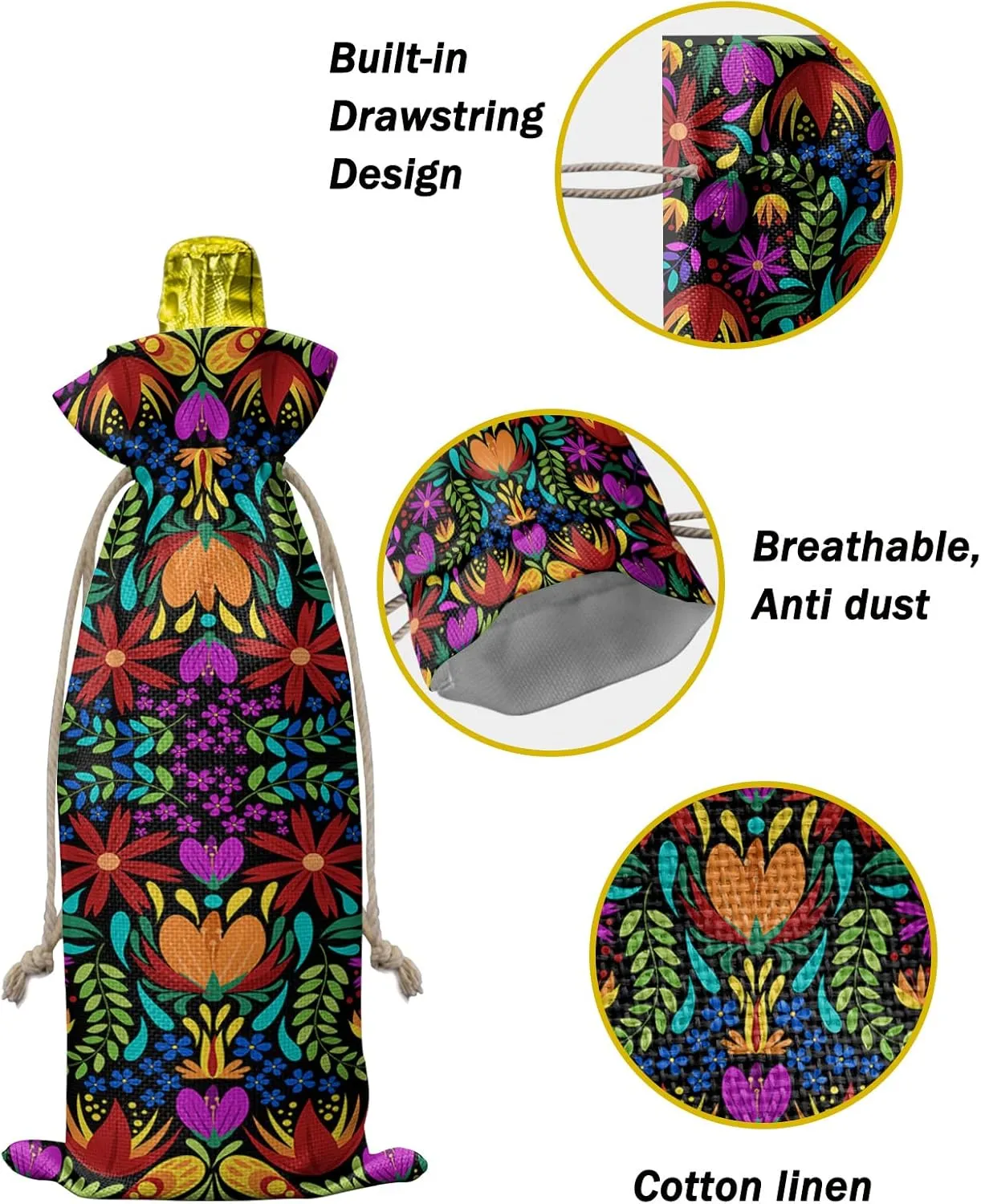 10 Pack Wine Bottle Bags, Colorful Spring Floral Wine Bottle Cover with Drawstring, Ethnic Mexican Vibrant Colored Gift Bag for Champagne, Wedding, Birthday, Party