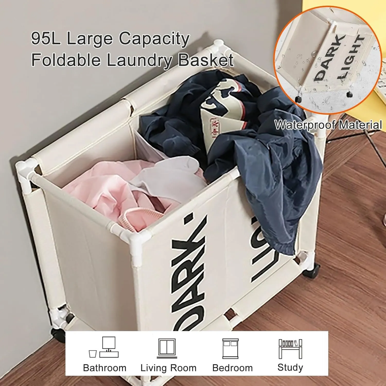 138L Double Laundry Hamper with Lid, Collapsible Laundry Sorter 2 Section, Laundry Cart Divided Laundry Basket on Wheels, Dirty Clothes Organiser for Clothes & Toys Storage(Gray)