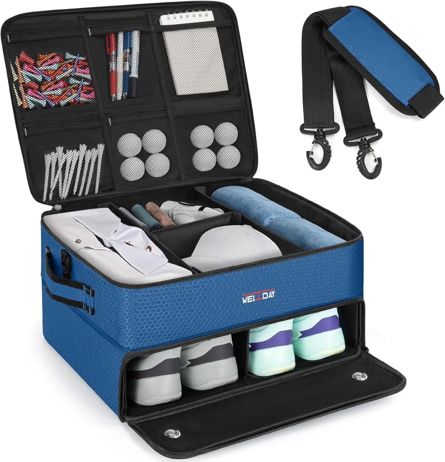 2 Layer Golf Trunk Organizer, Golf Trunk Locker with Separate Compartment for 2 Pair Shoes, Golf Trunk Storage for Balls, Tees, Clothes, Gloves, Accessories