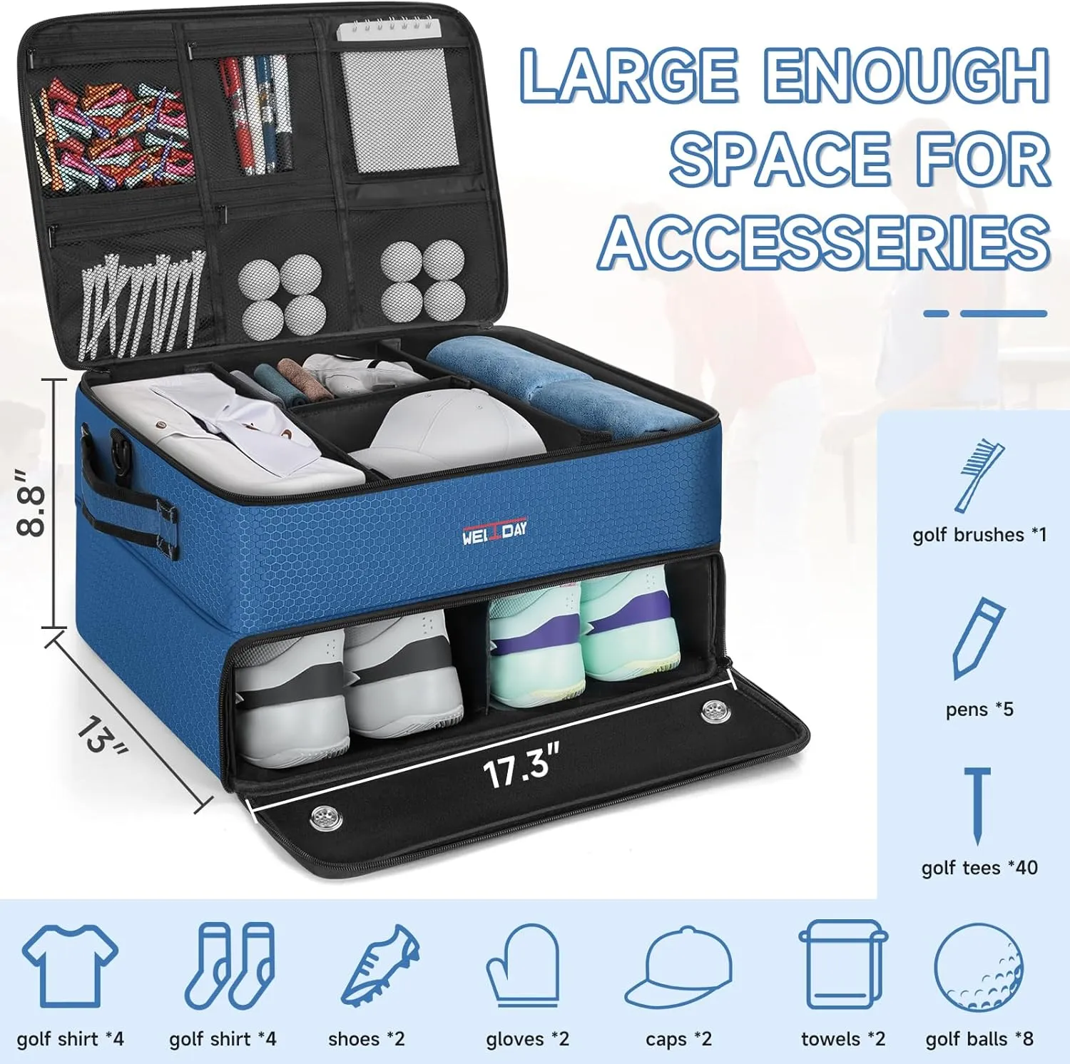 2 Layer Golf Trunk Organizer, Golf Trunk Locker with Separate Compartment for 2 Pair Shoes, Golf Trunk Storage for Balls, Tees, Clothes, Gloves, Accessories