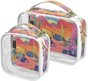 2 Pack Desert with Cactus Blooming Flowers clear decorative travel toiletry bag TSA approved reusable cosmetic bags with zipper Men’s shaving kit maquillaje para