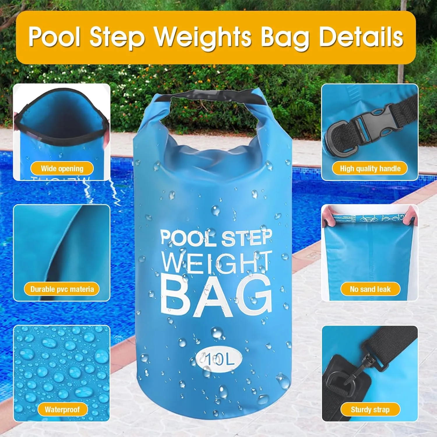 2 Pack Pool Step Weights, 500D PVC Waterproof Heavy Duty Pool Ladder Sand Bags for Weight w/Nylon Handle, 10L Universal Pool Step Weights/Pool Ladder Weights for Above Ground Pools (Sky Blue)