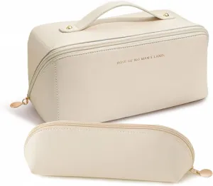 2 Pack Portable Make Up Bag, Large Capacity Travel Cosmetic Bag, PU Leather Double-layered, Waterproof Portable Cosmetic Face Brushes Holder for Skin Care Kits Cosmetics Toiletries (White)