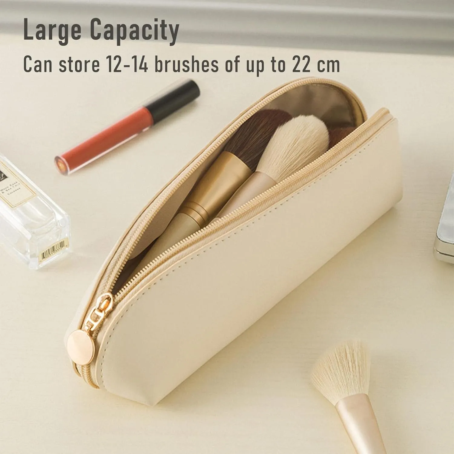 2 Pack Portable Make Up Bag, Large Capacity Travel Cosmetic Bag, PU Leather Double-layered, Waterproof Portable Cosmetic Face Brushes Holder for Skin Care Kits Cosmetics Toiletries (White)