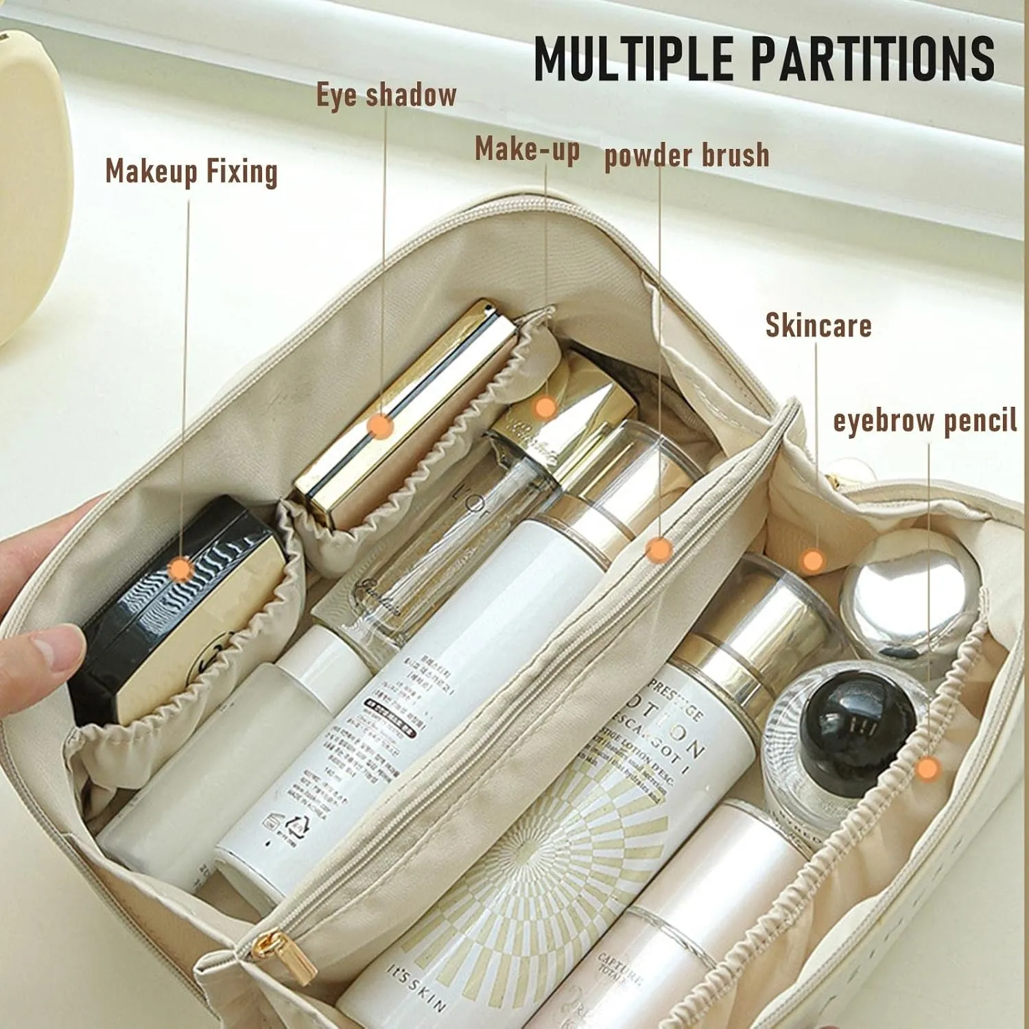 2 Pack Portable Make Up Bag, Large Capacity Travel Cosmetic Bag, PU Leather Double-layered, Waterproof Portable Cosmetic Face Brushes Holder for Skin Care Kits Cosmetics Toiletries (White)