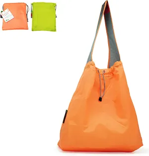 2 Pack Ripstop Nylon Draw-String Reusable Shopping Bag, Reusable Grocery Bag, Built-in Pouch, Inner Pocket