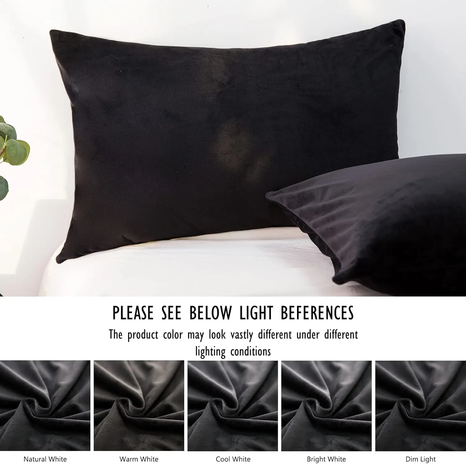2 Pack Zippered Velvet Standard Pillowcases, Super Soft and Cozy Luxury Fuzzy Flannel Pillow Cases with Zipper, 20x26 Inches, Black