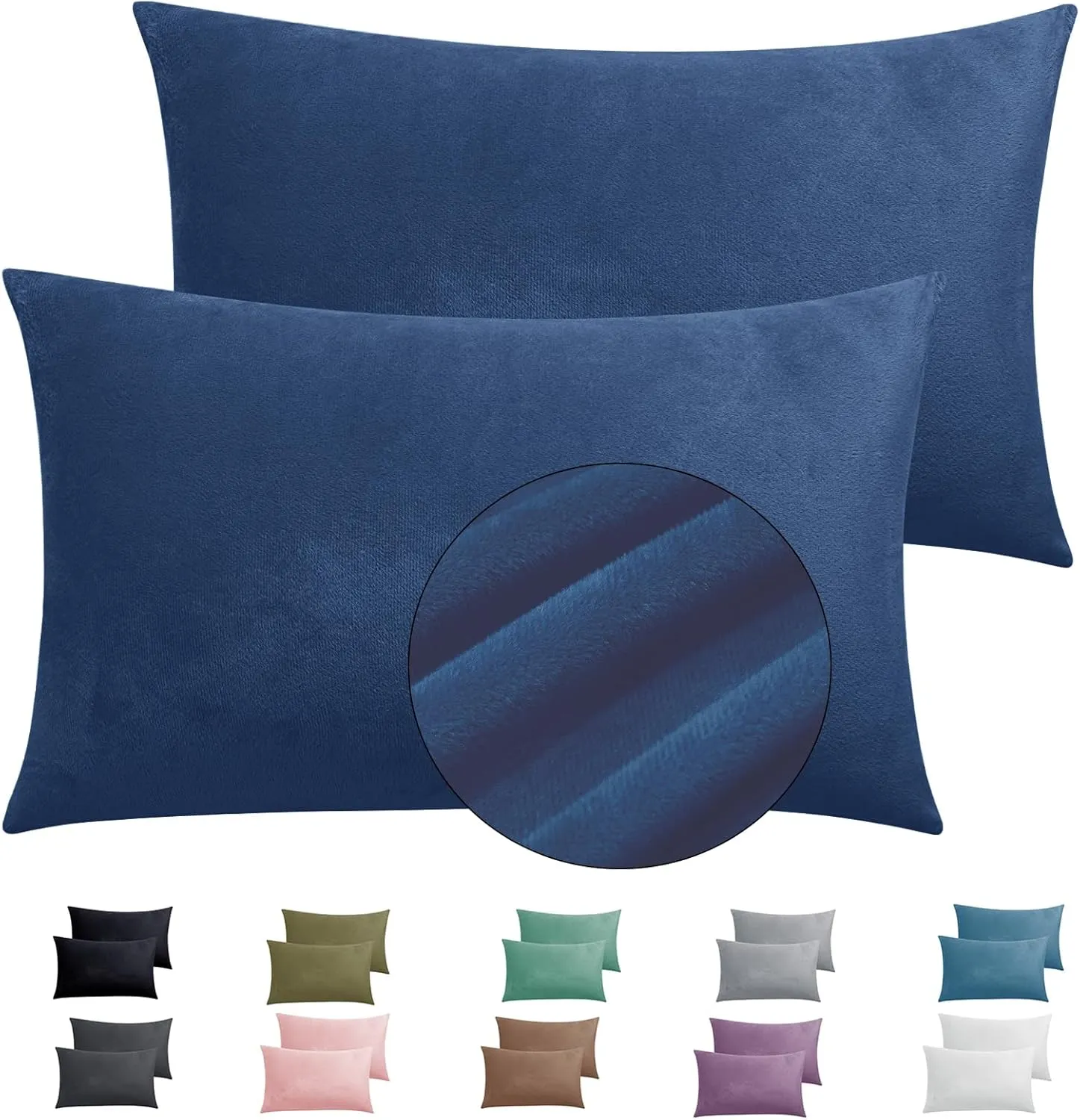 2 Pack Zippered Velvet Standard Pillowcases, Super Soft and Cozy Luxury Fuzzy Flannel Pillow Cases with Zipper, 20x26 Inches, Navy Blue