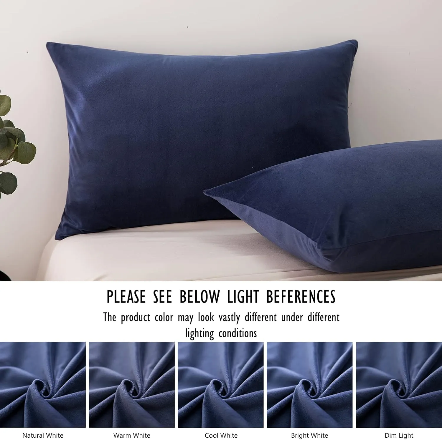 2 Pack Zippered Velvet Standard Pillowcases, Super Soft and Cozy Luxury Fuzzy Flannel Pillow Cases with Zipper, 20x26 Inches, Navy Blue