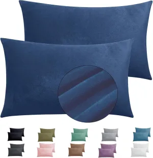 2 Pack Zippered Velvet Standard Pillowcases, Super Soft and Cozy Luxury Fuzzy Flannel Pillow Cases with Zipper, 20x26 Inches, Navy Blue