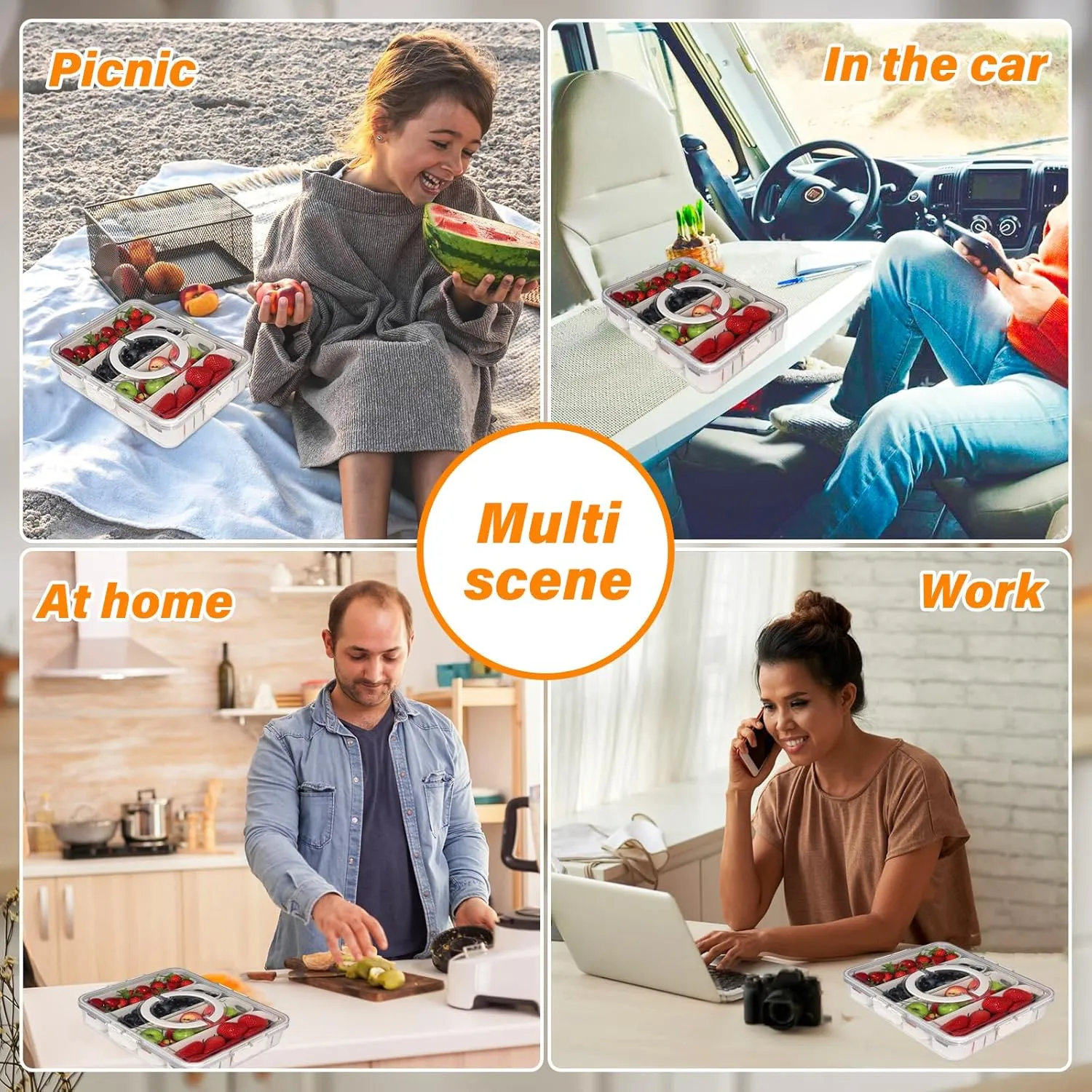 2 Pcs Portable Picnic Parties Fruit Tray, Fridge Food Veggie Condiment Divided Serving Preservation Storage Containers, Kitchen Clear Snackle Box Candy Organizer with Lid Handle