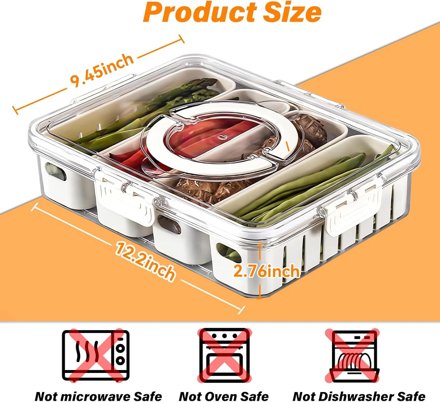 2 Pcs Portable Picnic Parties Fruit Tray, Fridge Food Veggie Condiment Divided Serving Preservation Storage Containers, Kitchen Clear Snackle Box Candy Organizer with Lid Handle