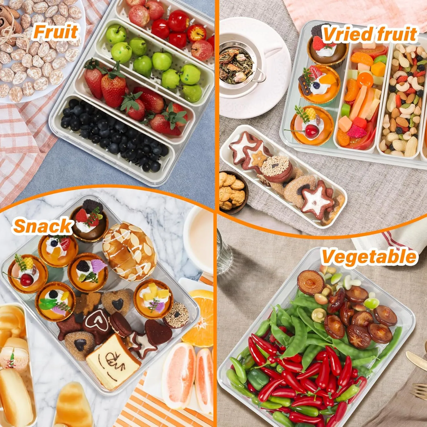 2 Pcs Portable Picnic Parties Fruit Tray, Fridge Food Veggie Condiment Divided Serving Preservation Storage Containers, Kitchen Clear Snackle Box Candy Organizer with Lid Handle
