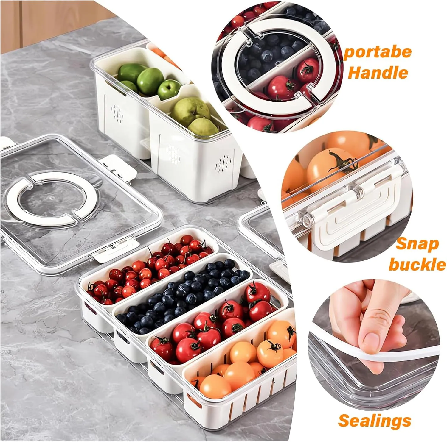 2 Pcs Portable Picnic Parties Fruit Tray, Fridge Food Veggie Condiment Divided Serving Preservation Storage Containers, Kitchen Clear Snackle Box Candy Organizer with Lid Handle