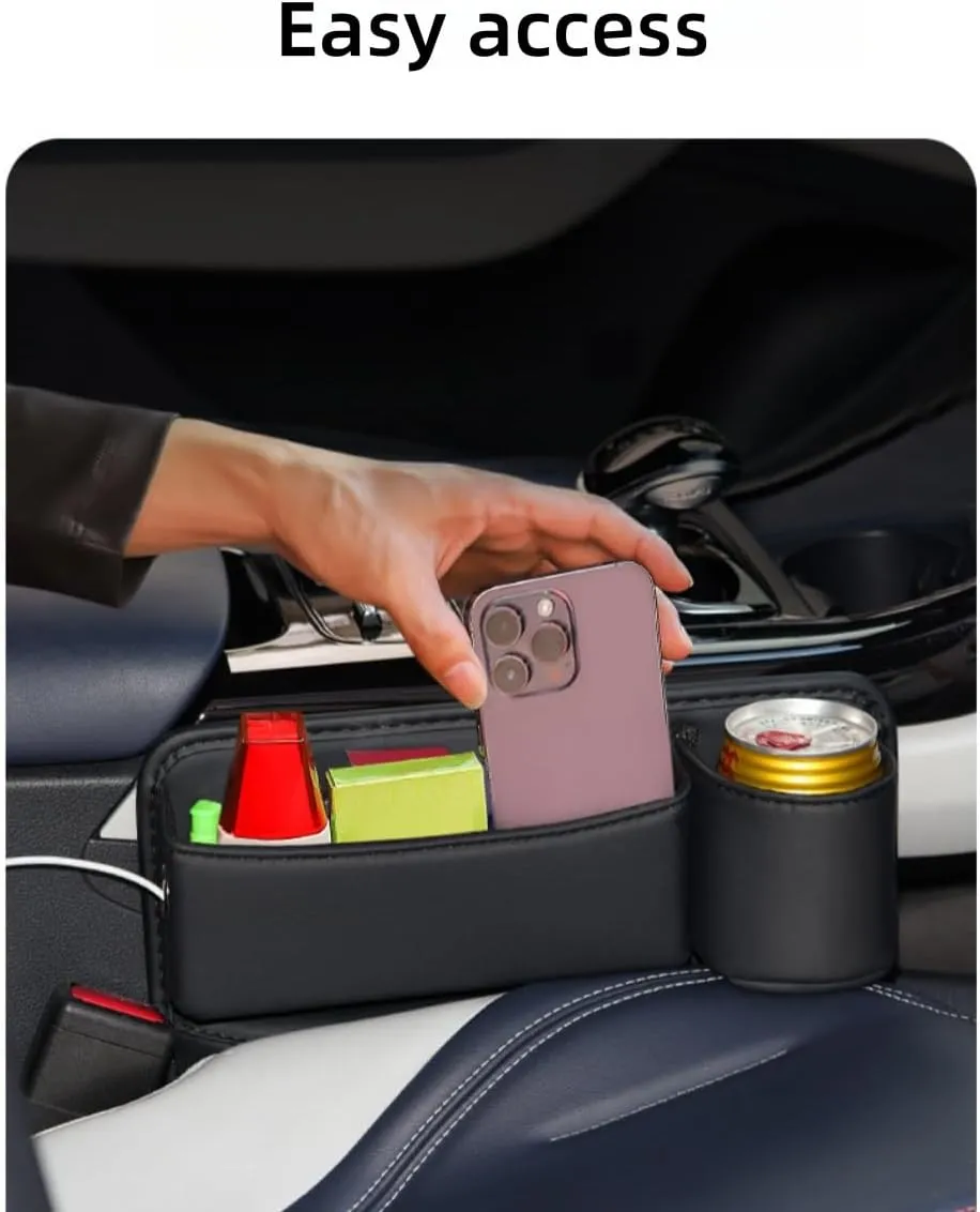 2024 New Seat Car Leather Cup Holder Gap Bag, Adjustable Car Seat Storage Box, Gap Filler Organizer with Cup Holder for Phones Glasses Keys Cards (Driver Side,Black), QCBJ0527