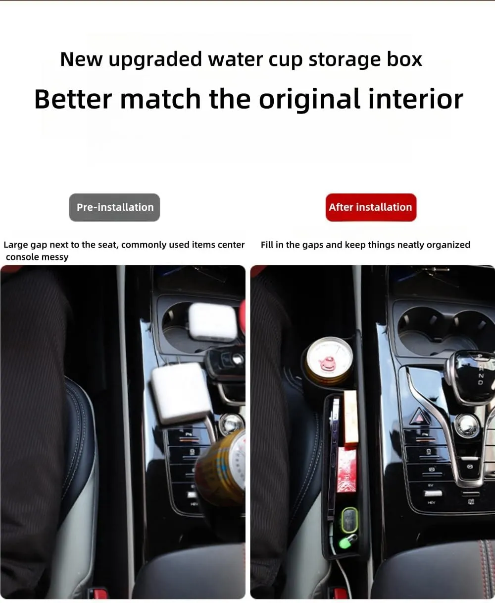 2024 New Seat Car Leather Cup Holder Gap Bag, Adjustable Car Seat Storage Box, Gap Filler Organizer with Cup Holder for Phones Glasses Keys Cards (Driver Side,Black), QCBJ0527