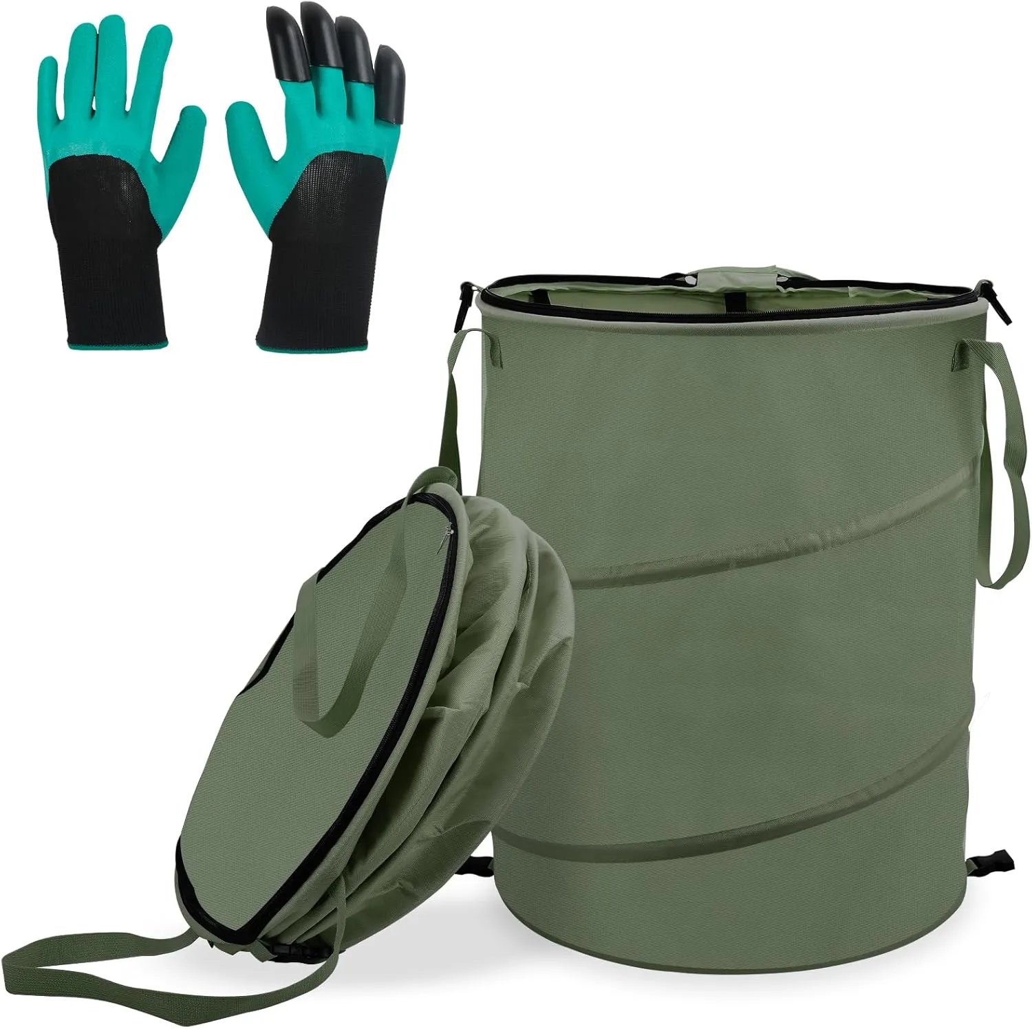 24 Gallons Collapsible Reusable Bags with Gloves, Camping Trash Can with Lid, Pop Up Garbage Can for Outdoor, Large Capacity Leaf Bags for Yard, Lawn, Reusable Garden Garbage Bag - Green