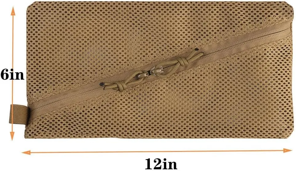 2PC Tactical Carry On Zipper Mesh Pouch, Insert Organizer Utility Admin Pouch Travel Organizer EDC Bag Toiletry Kit Set Storage Case 12X6 inch (Tan)