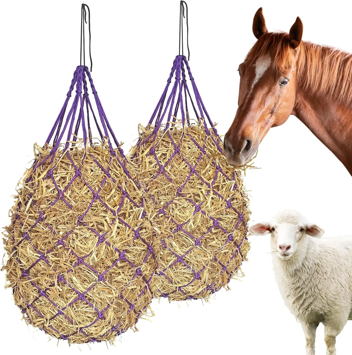 2PCS Hay Nets for Horses,2.36"x2.36" Holes 40”Horse Hay Feeder Net for Slower Feeding,Strong Load-Bearing Hay Bag Hanging for Horse Stable Trailer (Purple)