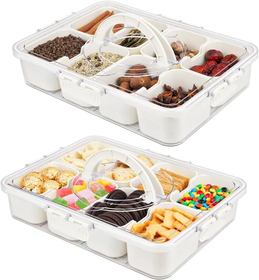 2PCS Snackle Box Container, 3rd Gen Vegetable Tray with Lid, Divided Serving Tray with Lid and Handle, 8 Compartment Veggie Platter, Snack Box Container, Food Organizer for Nuts, Candy, Fruits