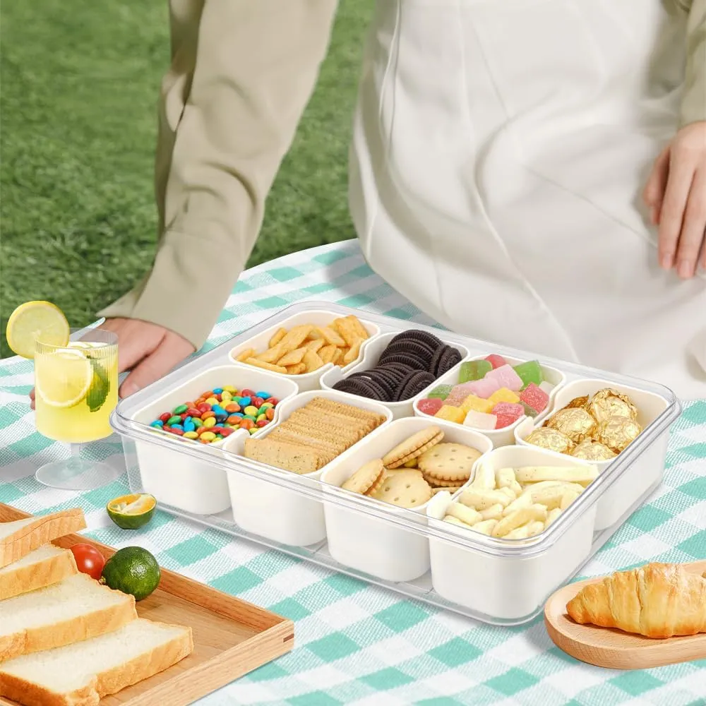 2PCS Snackle Box Container, 3rd Gen Vegetable Tray with Lid, Divided Serving Tray with Lid and Handle, 8 Compartment Veggie Platter, Snack Box Container, Food Organizer for Nuts, Candy, Fruits