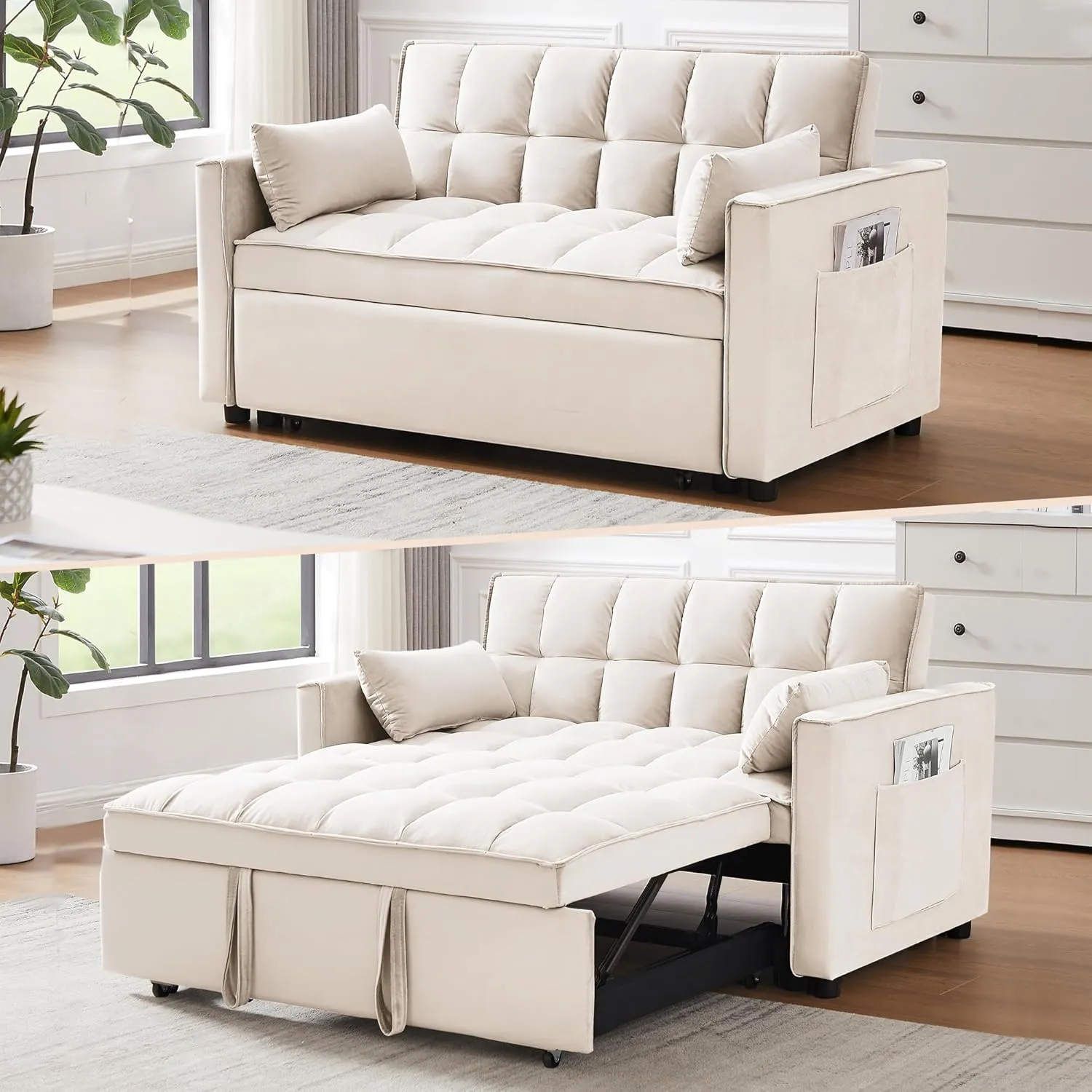 3 in 1 Convertible Sleeper Sofa Bed, Futon Couches for Living Room with Side Pocket | Adjustable Backrest| Velvet Fabric | Pull Out Couch | Recliner Loveseat | Sectional Sofa, Creamywhite