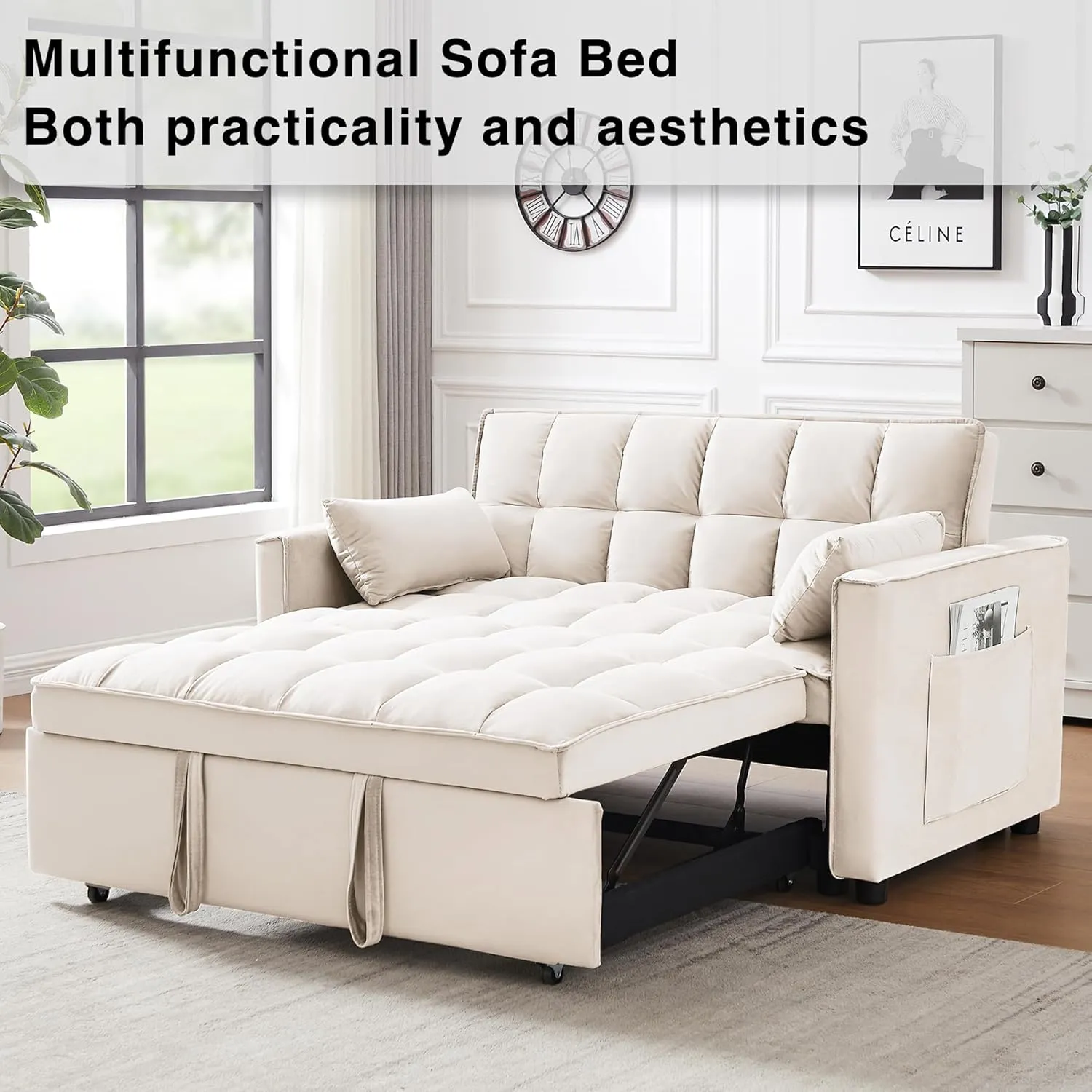 3 in 1 Convertible Sleeper Sofa Bed, Futon Couches for Living Room with Side Pocket | Adjustable Backrest| Velvet Fabric | Pull Out Couch | Recliner Loveseat | Sectional Sofa, Creamywhite