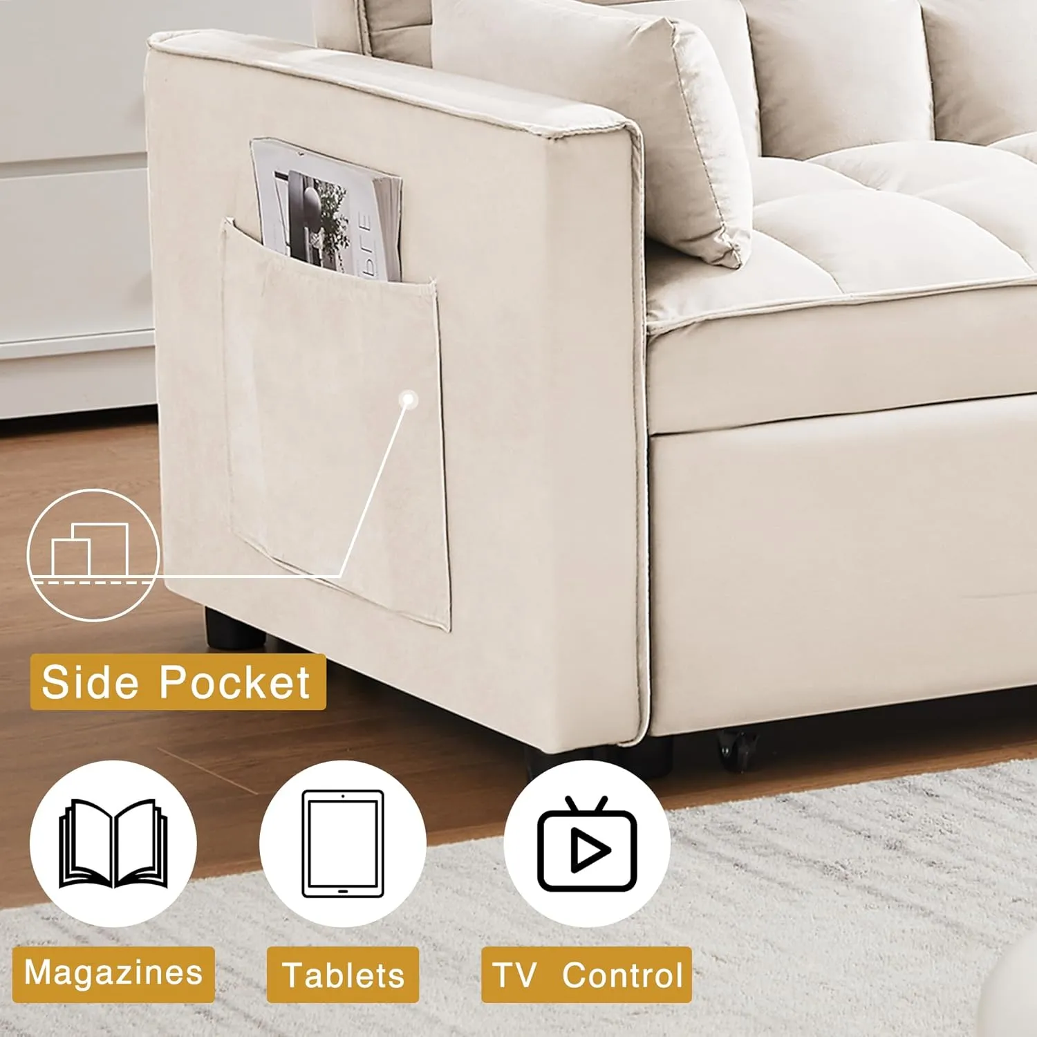 3 in 1 Convertible Sleeper Sofa Bed, Futon Couches for Living Room with Side Pocket | Adjustable Backrest| Velvet Fabric | Pull Out Couch | Recliner Loveseat | Sectional Sofa, Creamywhite