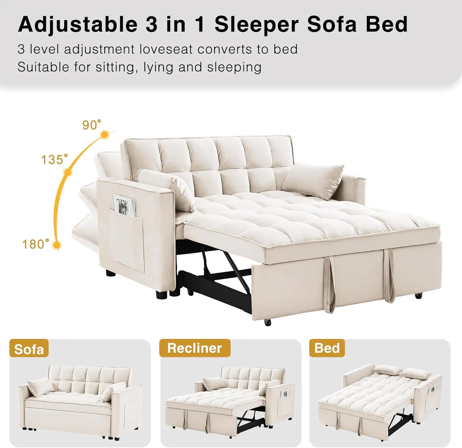 3 in 1 Convertible Sleeper Sofa Bed, Futon Couches for Living Room with Side Pocket | Adjustable Backrest| Velvet Fabric | Pull Out Couch | Recliner Loveseat | Sectional Sofa, Creamywhite