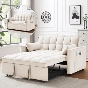 3 in 1 Convertible Sleeper Sofa Bed, Futon Couches for Living Room with Side Pocket | Adjustable Backrest| Velvet Fabric | Pull Out Couch | Recliner Loveseat | Sectional Sofa, Creamywhite