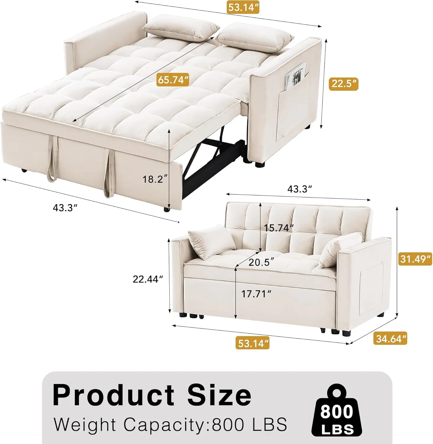 3 in 1 Convertible Sleeper Sofa Bed, Futon Couches for Living Room with Side Pocket | Adjustable Backrest| Velvet Fabric | Pull Out Couch | Recliner Loveseat | Sectional Sofa, Creamywhite
