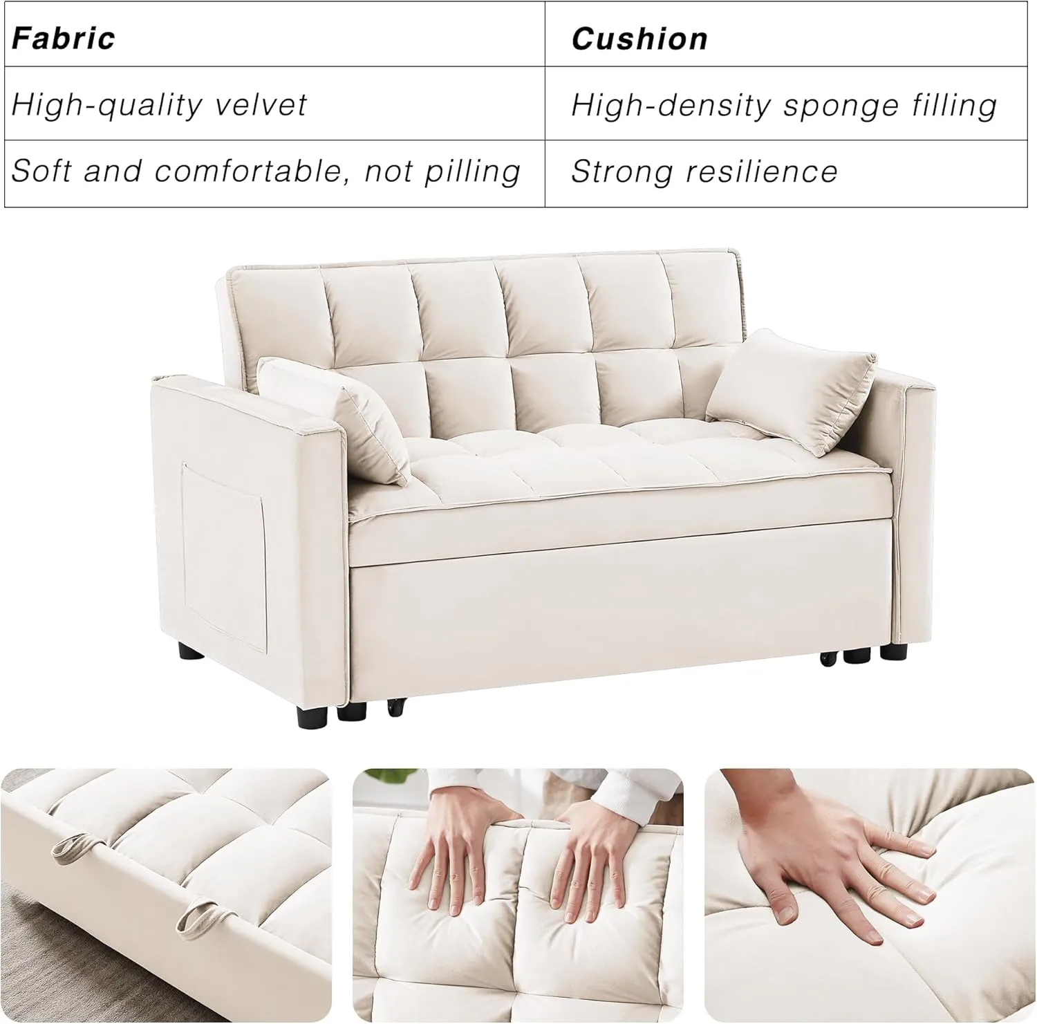 3 in 1 Convertible Sleeper Sofa Bed, Futon Couches for Living Room with Side Pocket | Adjustable Backrest| Velvet Fabric | Pull Out Couch | Recliner Loveseat | Sectional Sofa, Creamywhite