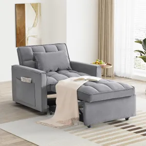 3 in 1 Single Sleeper Sofa Chair with Pullout Bed, Convertible Pull Out Couch with Adjustable Backrest, Modern Chaise Lounge with Storage for Living Room, Small Spaces, Deep Gray Velvet