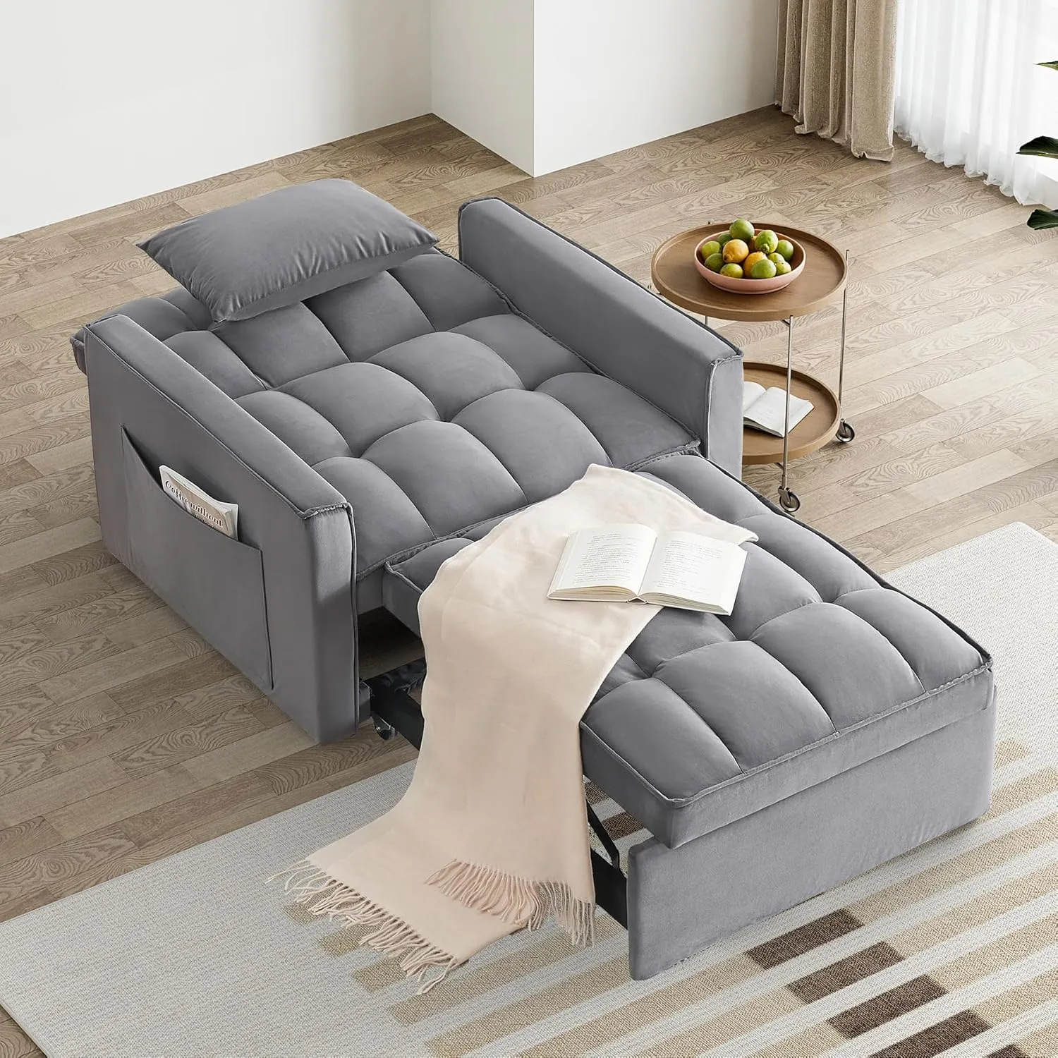 3 in 1 Single Sleeper Sofa Chair with Pullout Bed, Convertible Pull Out Couch with Adjustable Backrest, Modern Chaise Lounge with Storage for Living Room, Small Spaces, Deep Gray Velvet