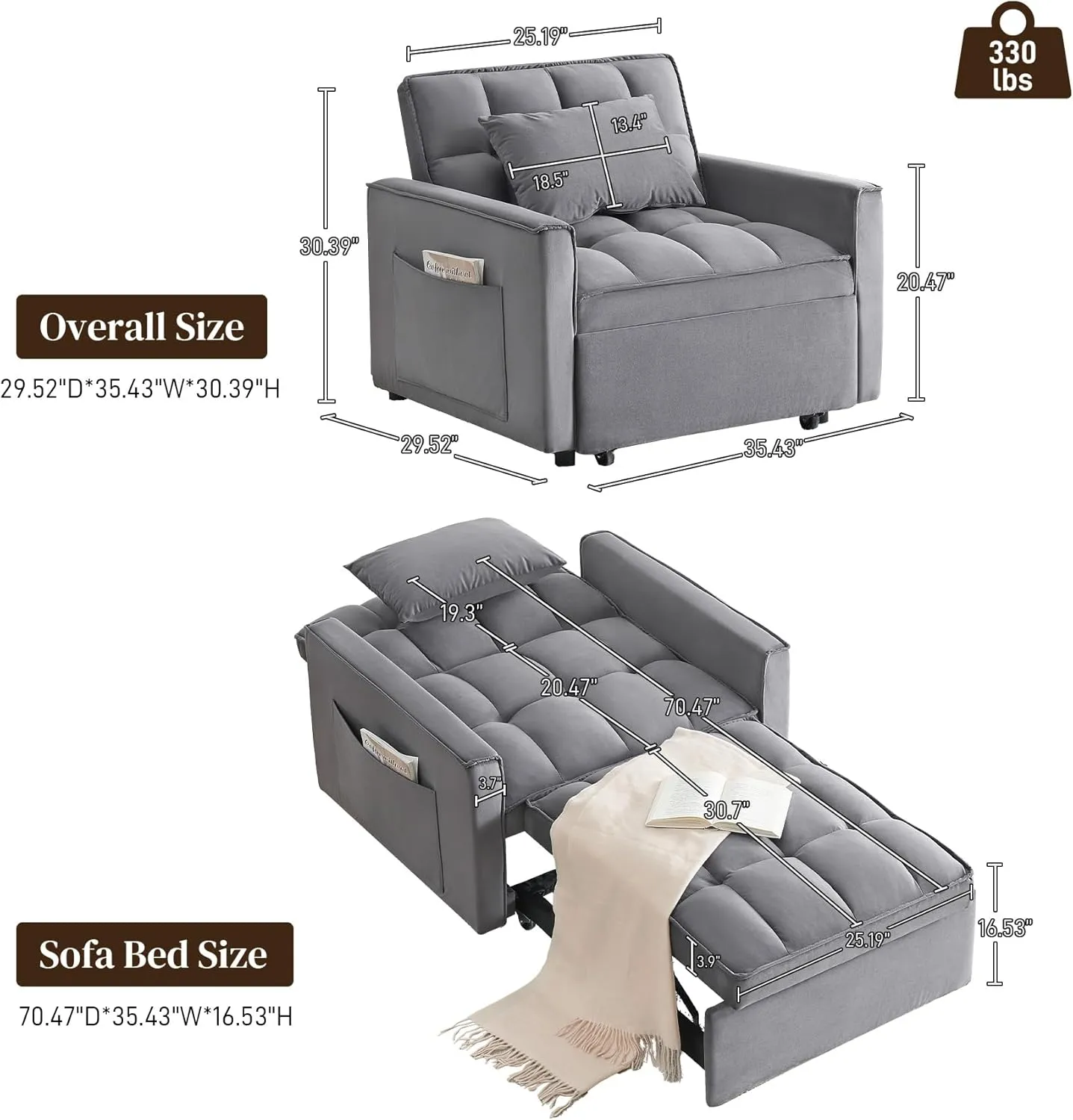 3 in 1 Single Sleeper Sofa Chair with Pullout Bed, Convertible Pull Out Couch with Adjustable Backrest, Modern Chaise Lounge with Storage for Living Room, Small Spaces, Deep Gray Velvet