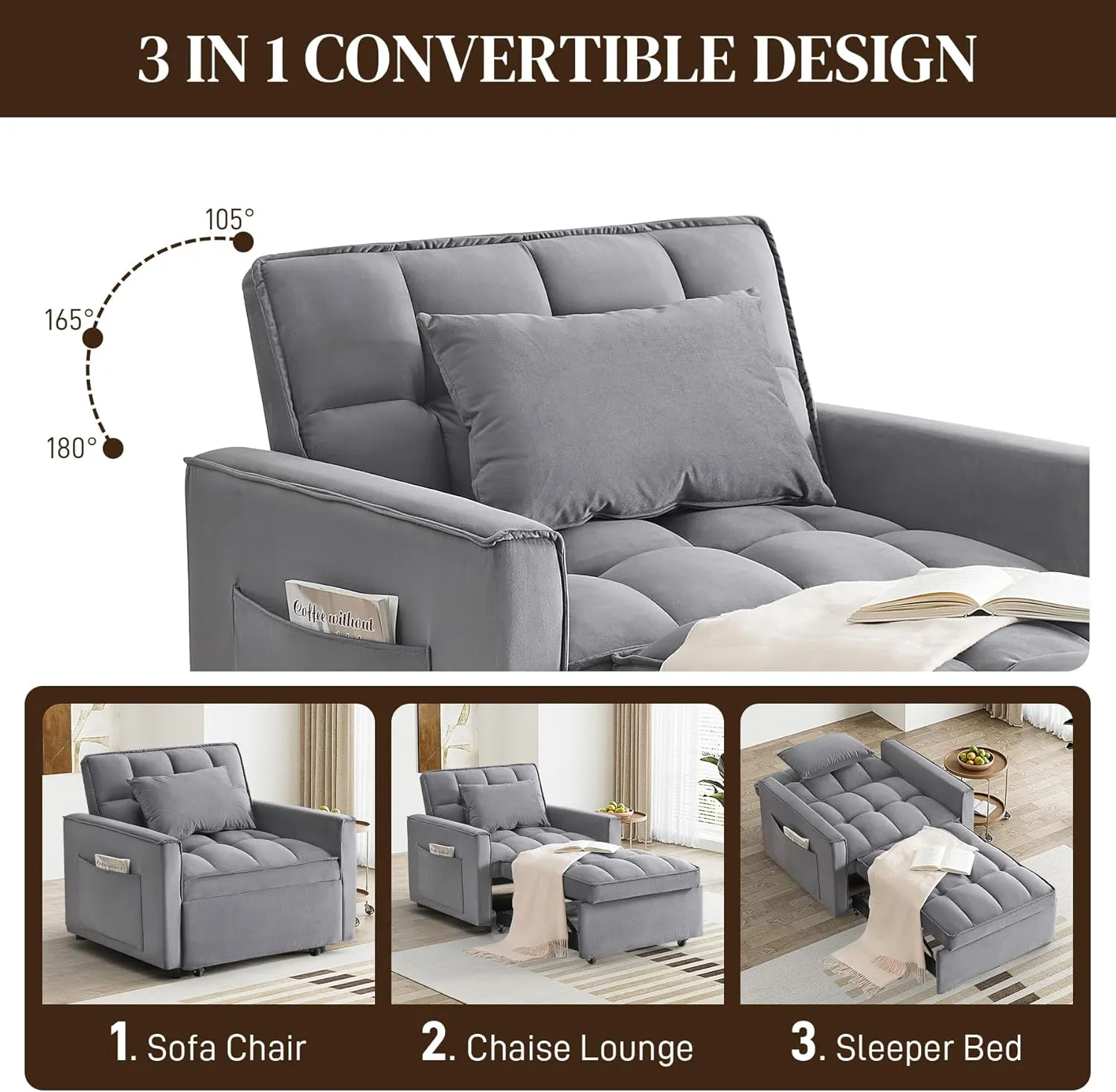 3 in 1 Single Sleeper Sofa Chair with Pullout Bed, Convertible Pull Out Couch with Adjustable Backrest, Modern Chaise Lounge with Storage for Living Room, Small Spaces, Deep Gray Velvet