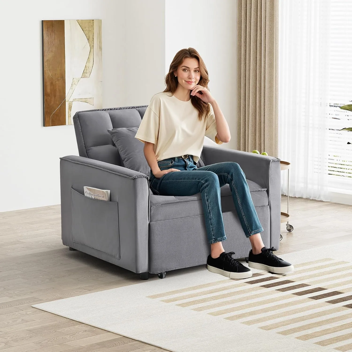 3 in 1 Single Sleeper Sofa Chair with Pullout Bed, Convertible Pull Out Couch with Adjustable Backrest, Modern Chaise Lounge with Storage for Living Room, Small Spaces, Deep Gray Velvet