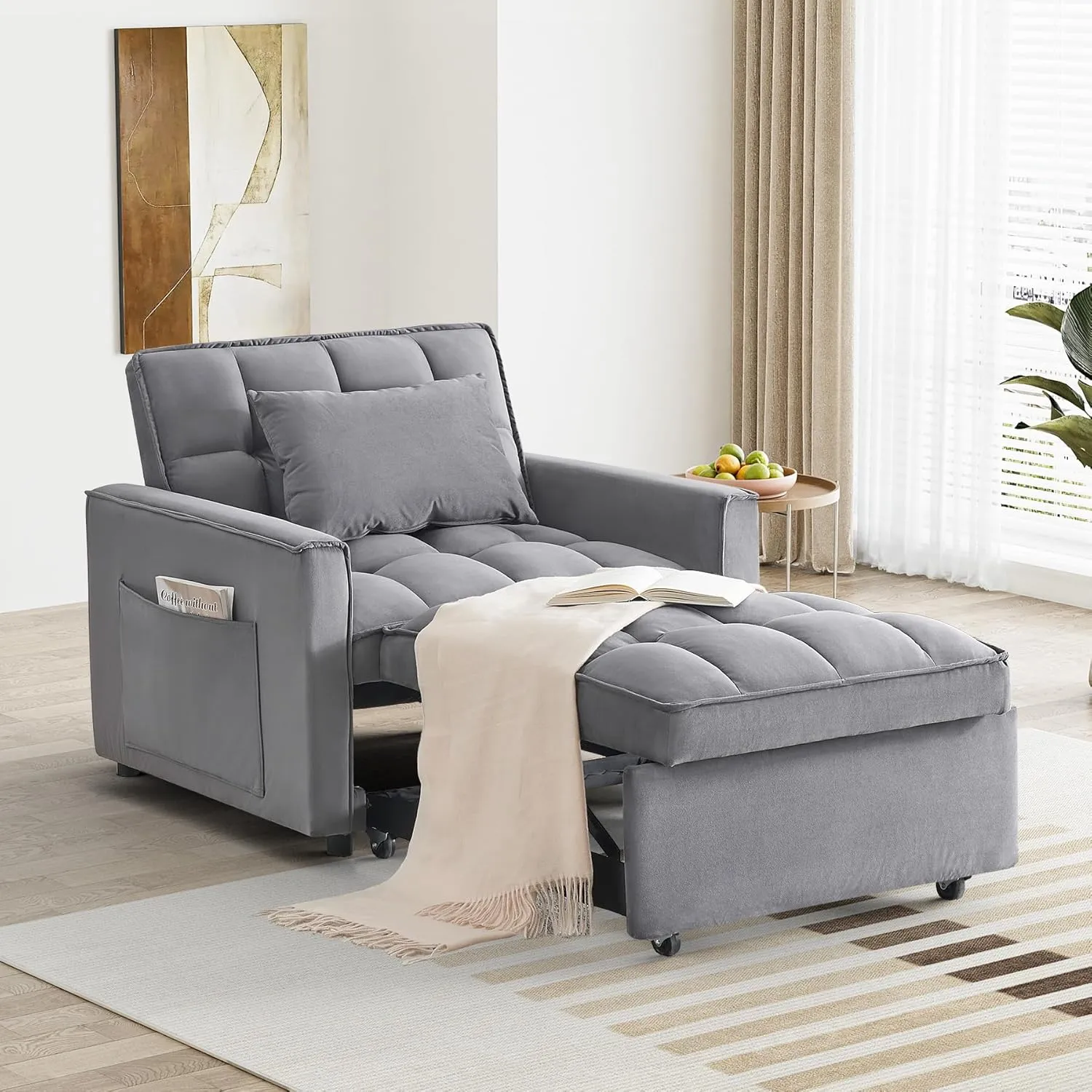 3 in 1 Single Sleeper Sofa Chair with Pullout Bed, Convertible Pull Out Couch with Adjustable Backrest, Modern Chaise Lounge with Storage for Living Room, Small Spaces, Deep Gray Velvet
