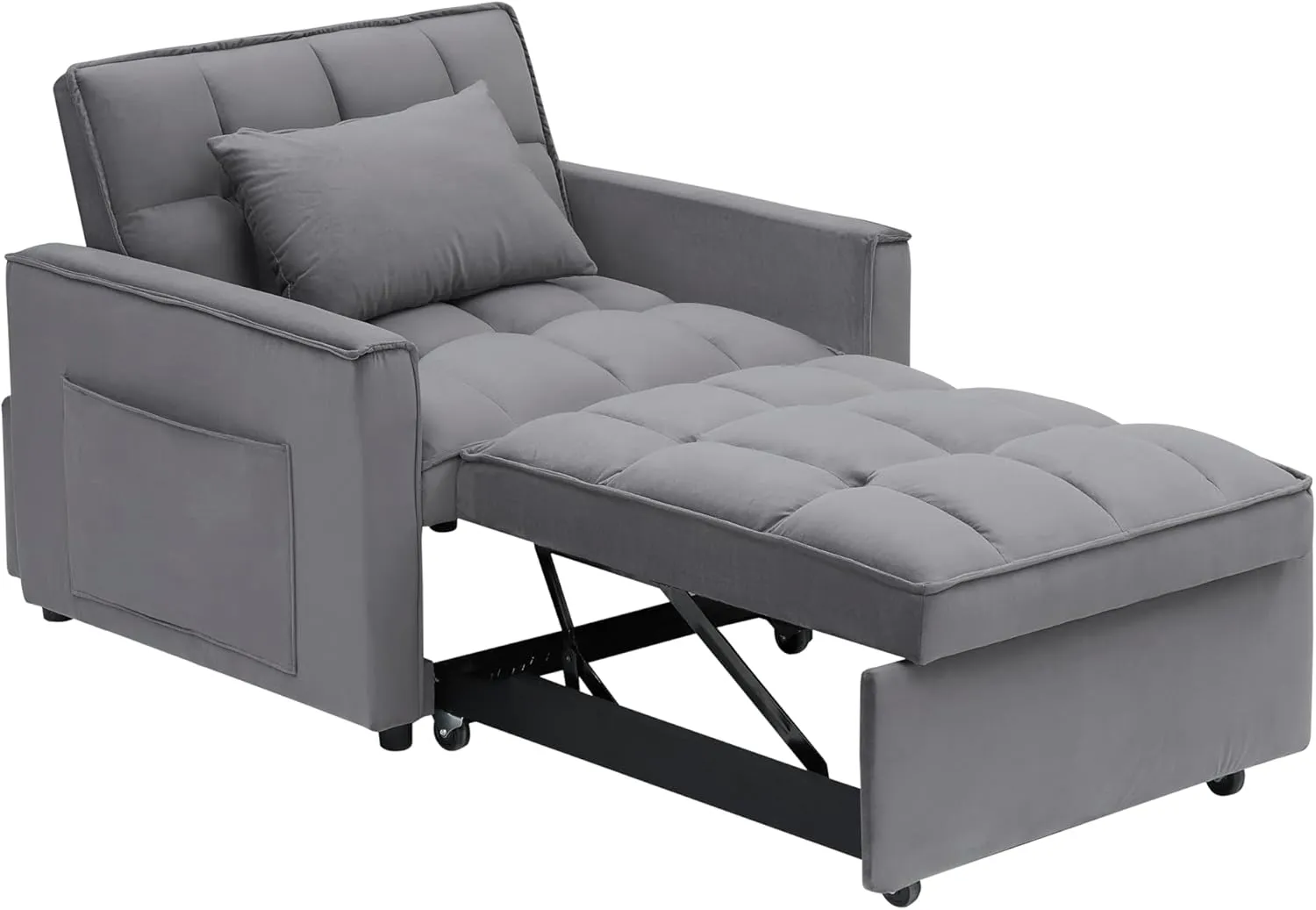 3 in 1 Single Sleeper Sofa Chair with Pullout Bed, Convertible Pull Out Couch with Adjustable Backrest, Modern Chaise Lounge with Storage for Living Room, Small Spaces, Deep Gray Velvet