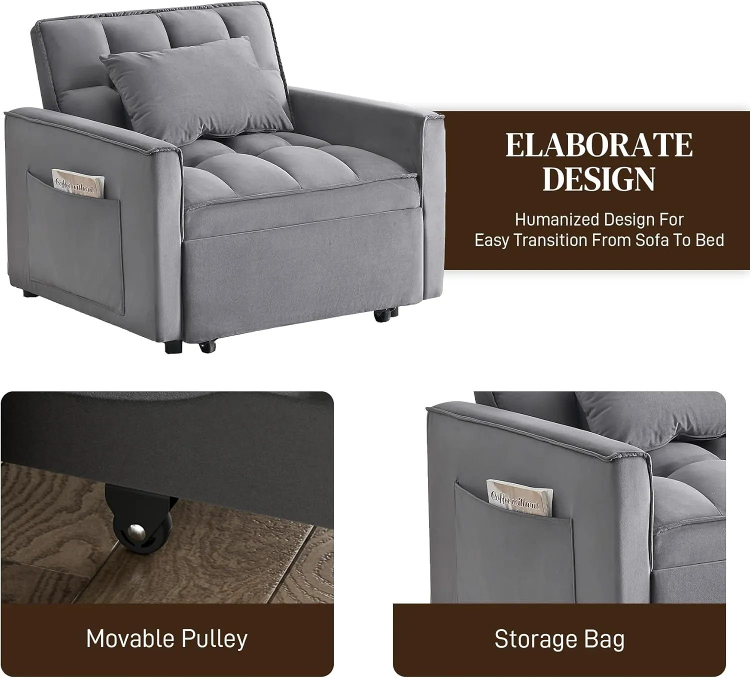 3 in 1 Single Sleeper Sofa Chair with Pullout Bed, Convertible Pull Out Couch with Adjustable Backrest, Modern Chaise Lounge with Storage for Living Room, Small Spaces, Deep Gray Velvet