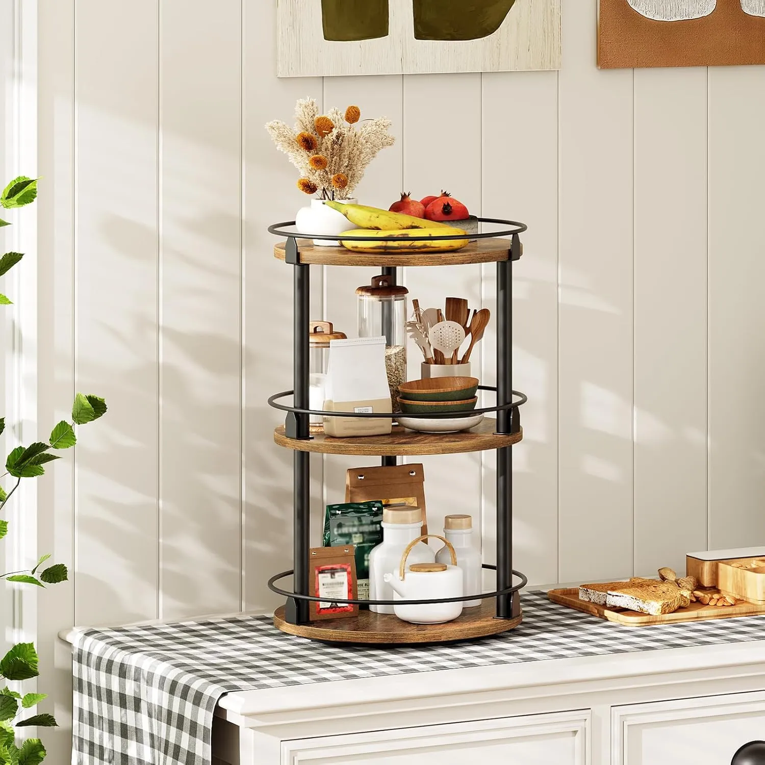 3-Tier Lazy Susan Organizer, Rotating Spice Rack, Spinning Organizer, Industrial Turntable Spice Rack Organizer for Cabinet, Kitchen Countertop, Pantry, Rustic Brown and Black SR23BR