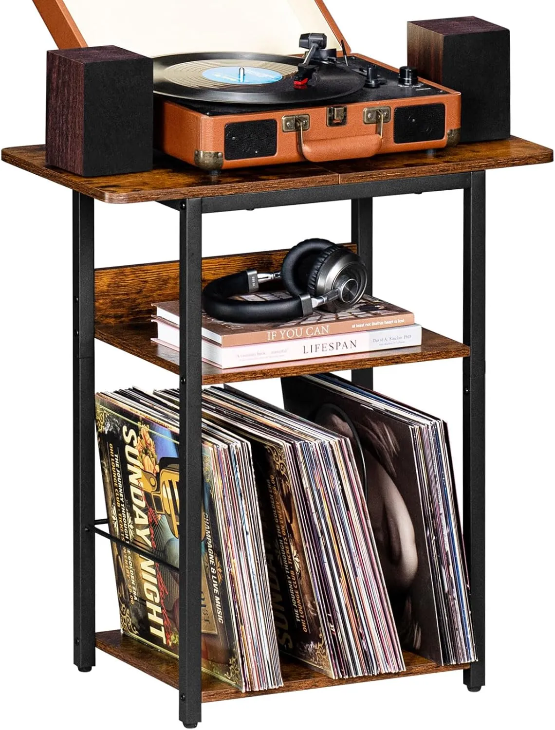 3 Tier Record Player Stand, Industrial Turntable Stand with Storage Shelf Up to 100 Albums, Brown Printer Stand for Office Fax Machine Files Scanner, End Side Table for Living Room, Bedroom
