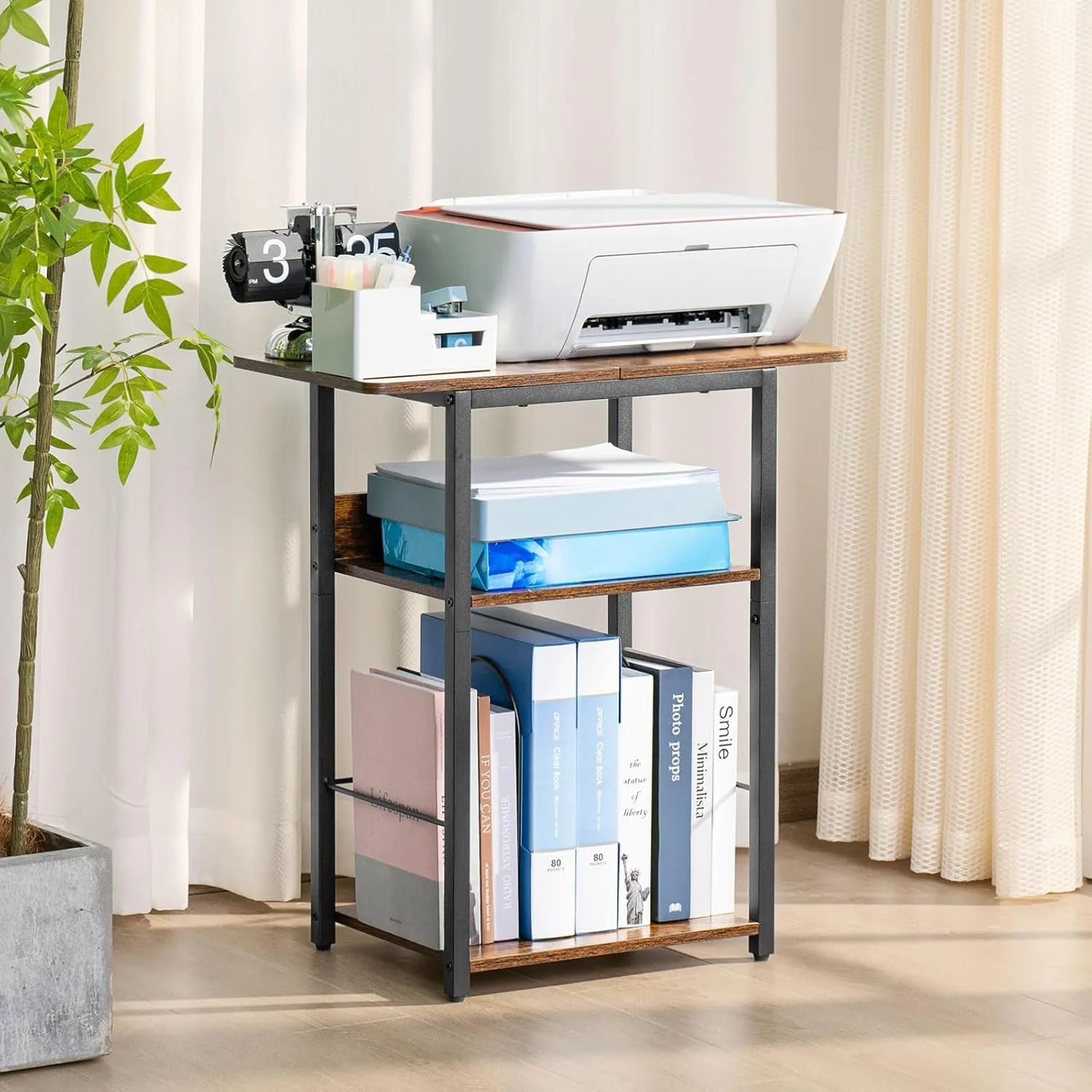 3 Tier Record Player Stand, Industrial Turntable Stand with Storage Shelf Up to 100 Albums, Brown Printer Stand for Office Fax Machine Files Scanner, End Side Table for Living Room, Bedroom