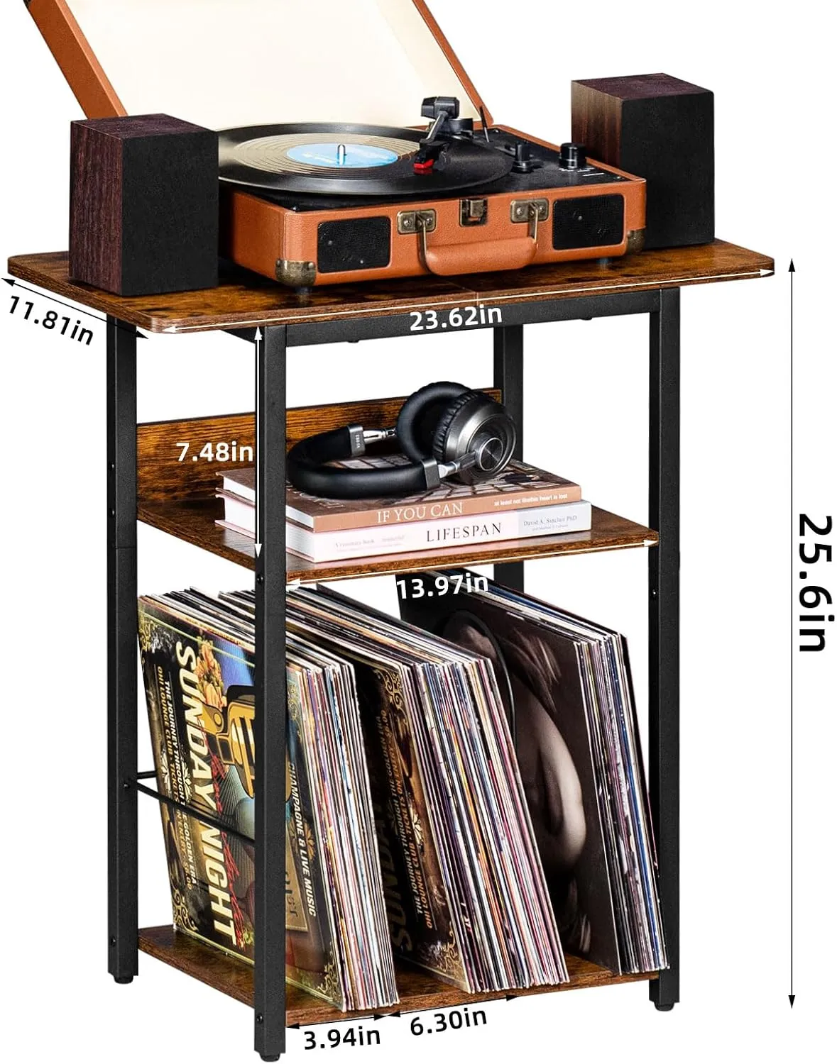 3 Tier Record Player Stand, Industrial Turntable Stand with Storage Shelf Up to 100 Albums, Brown Printer Stand for Office Fax Machine Files Scanner, End Side Table for Living Room, Bedroom