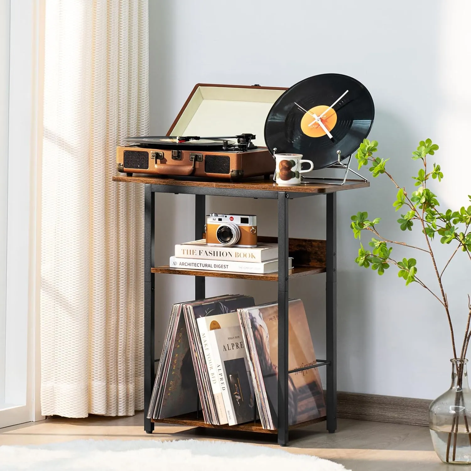 3 Tier Record Player Stand, Industrial Turntable Stand with Storage Shelf Up to 100 Albums, Brown Printer Stand for Office Fax Machine Files Scanner, End Side Table for Living Room, Bedroom