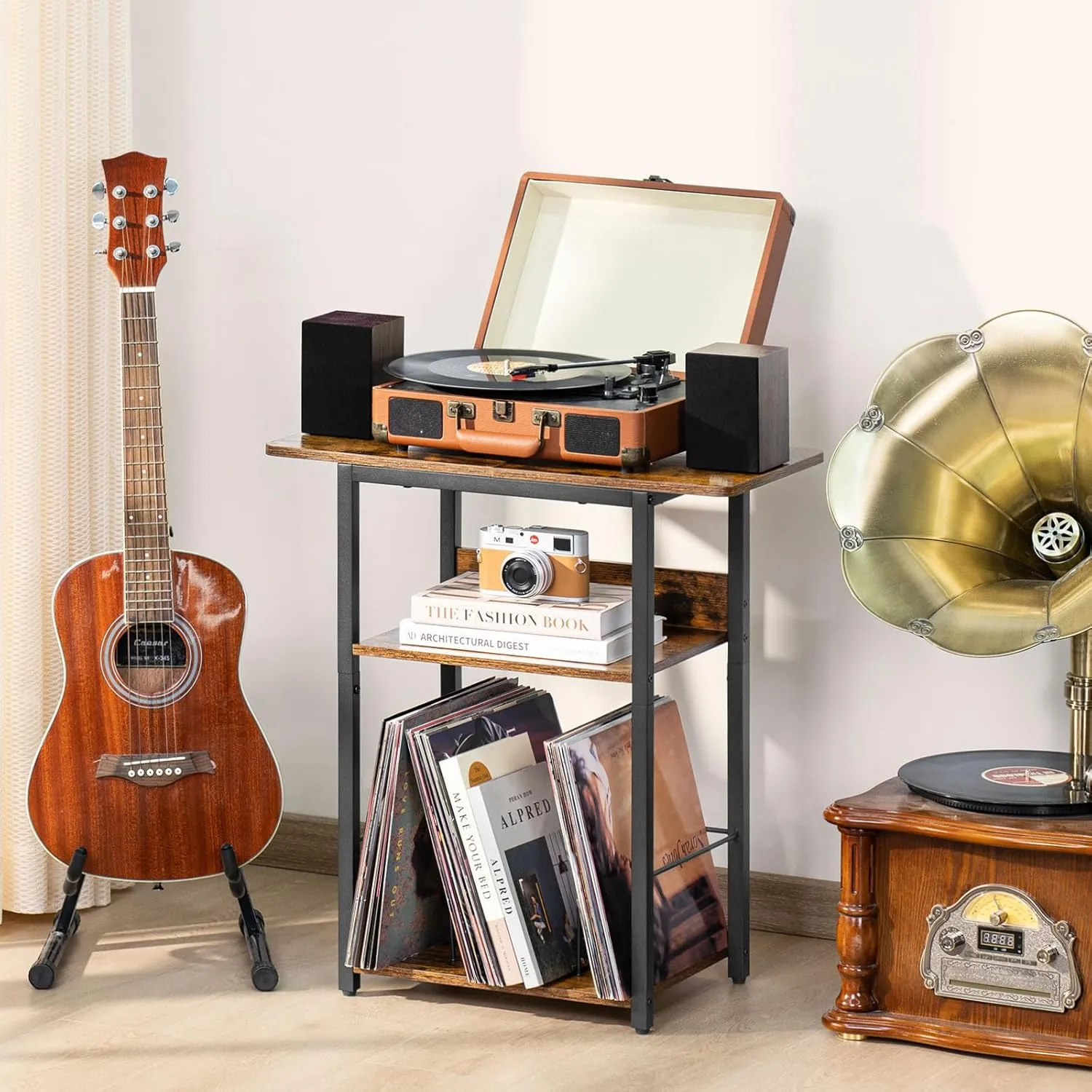 3 Tier Record Player Stand, Industrial Turntable Stand with Storage Shelf Up to 100 Albums, Brown Printer Stand for Office Fax Machine Files Scanner, End Side Table for Living Room, Bedroom