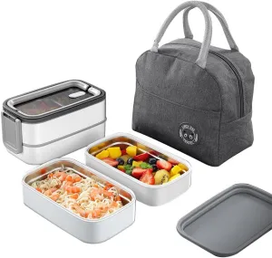 304 Steel Double-Layer Mesh Lunch Box - Portable, Leak Proof, Microwave Safe with Insulation Bag, Suitable for Outdoor Work (Gray)